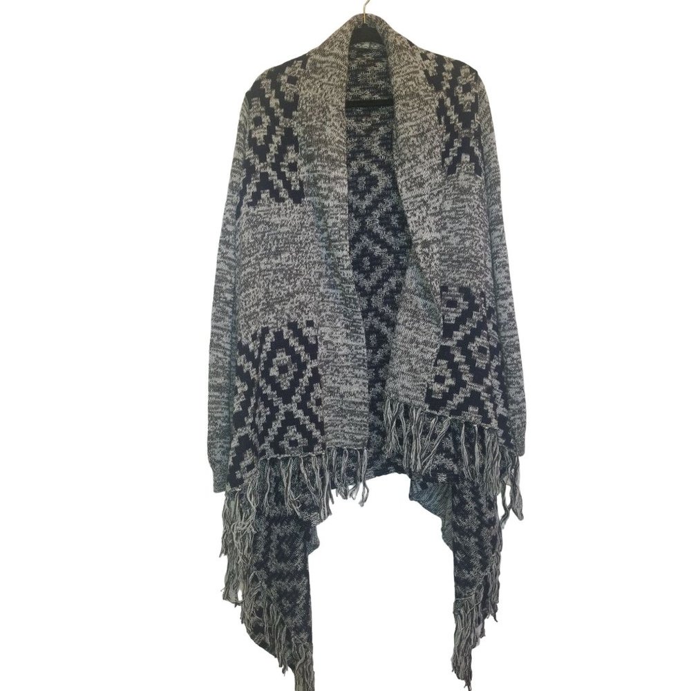 Maison Coupé Wool Gray Black Abstract Geometric Pattern Sweater Shawl Fringe XL